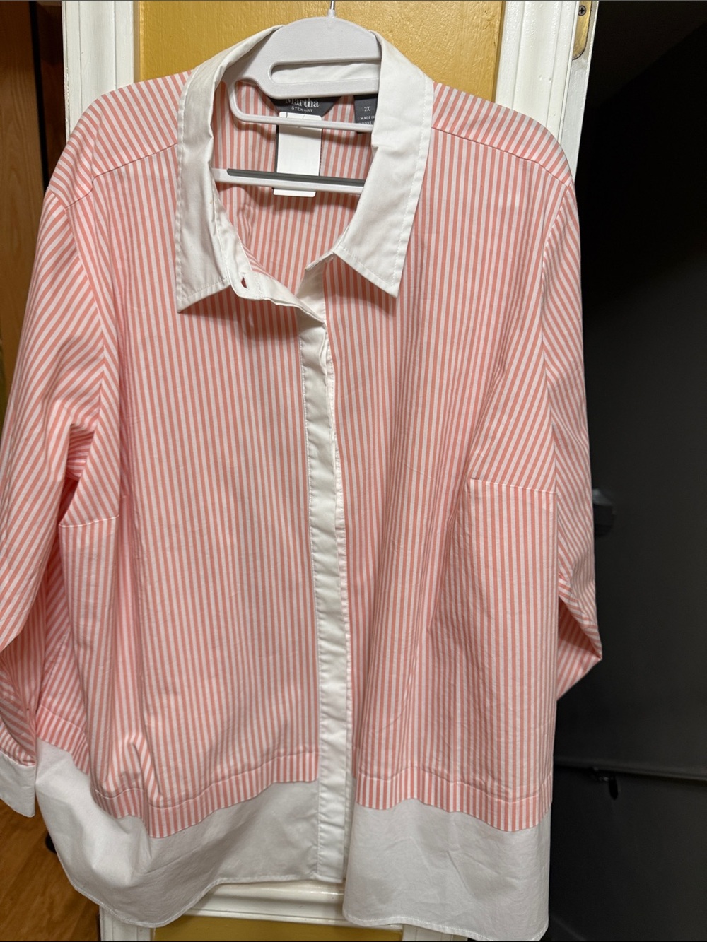 Martha Stewart 2X Pink & White Striped Button-Down Tunic Blouse